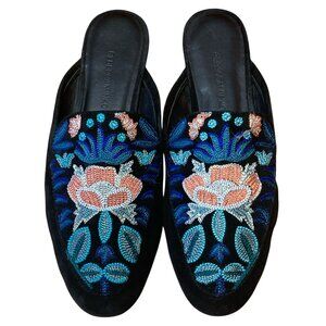 Rebecca Minkoff Embroidered Velvet Floral Mule Flats Black Size 8, Leather sole